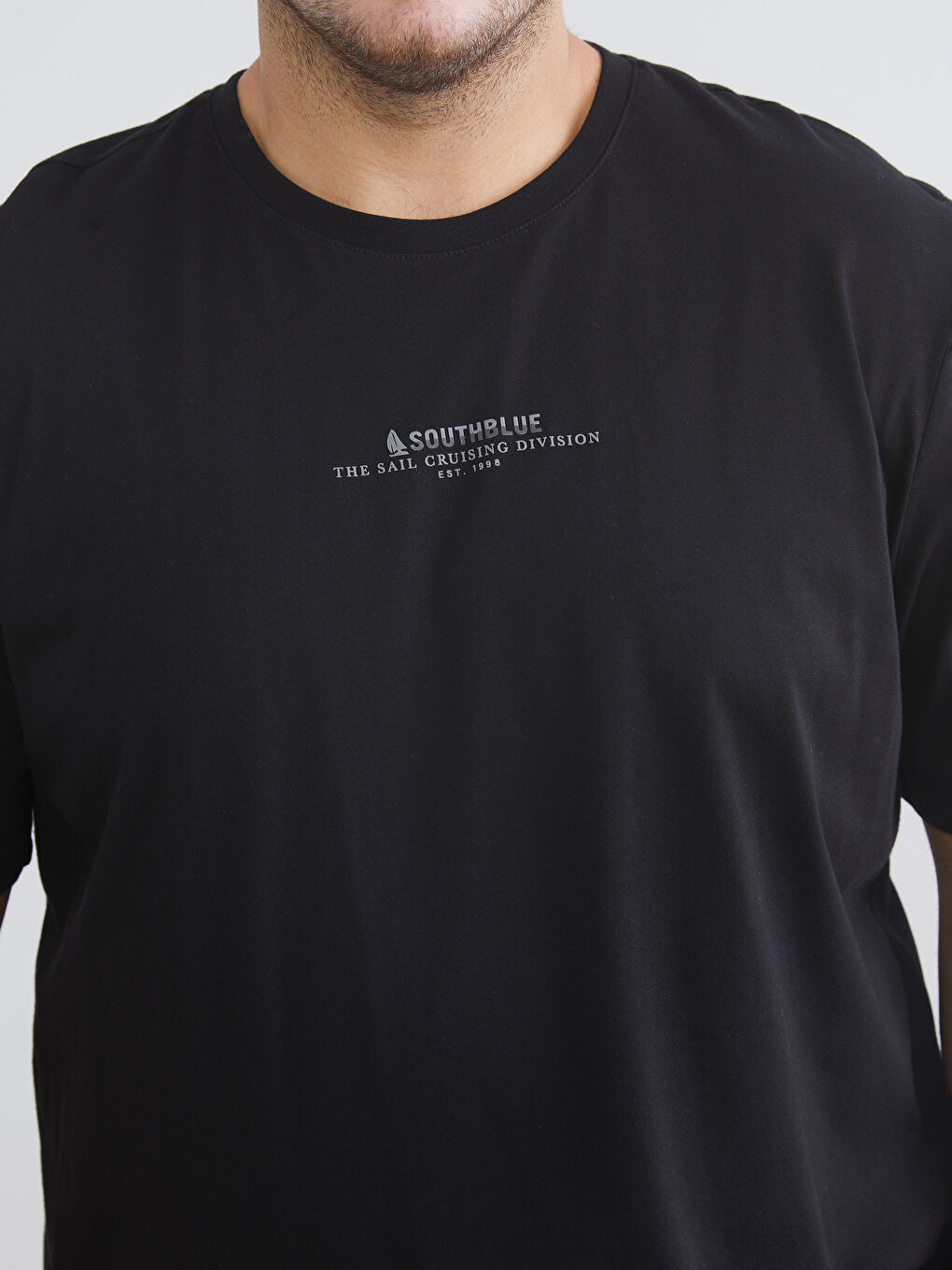 Siyah Büyük Beden Bisiklet Yaka Baskılı Penye Erkek Tişört-3