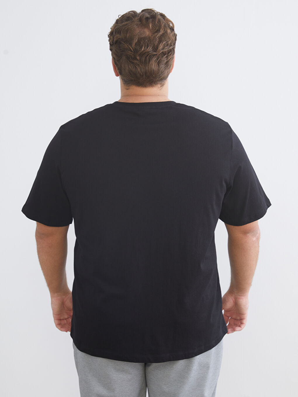 Siyah Büyük Beden Bisiklet Yaka Baskılı Penye Erkek Tişört-4