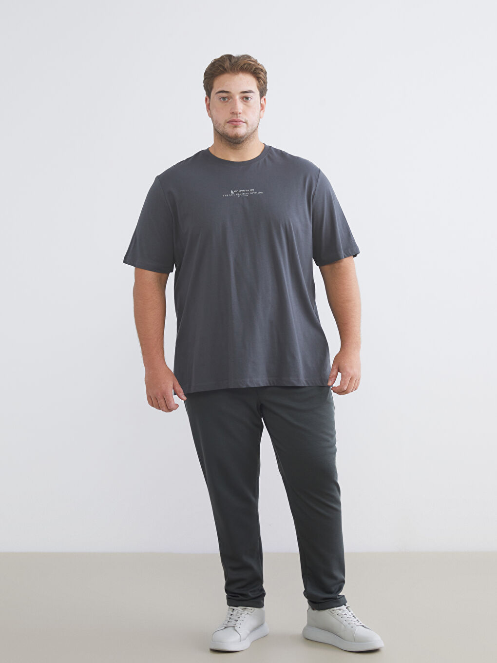 Antrasit Büyük Beden Bisiklet Yaka Baskılı Penye Erkek Tişört-1