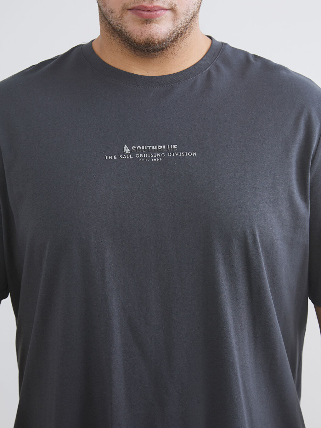 Antrasit Büyük Beden Bisiklet Yaka Baskılı Penye Erkek Tişört-2