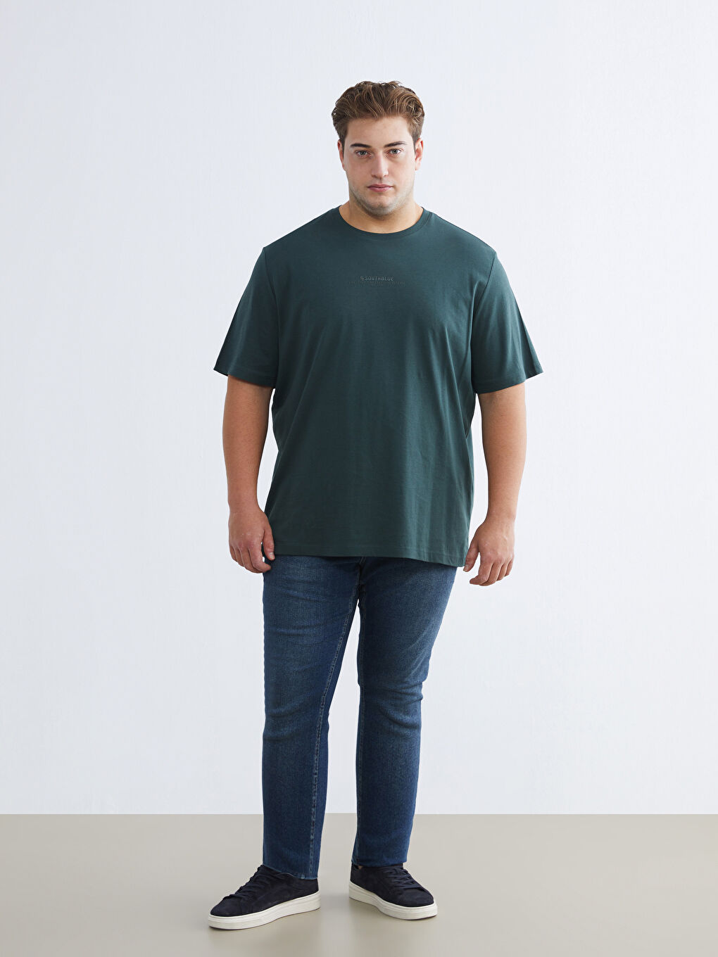 Yeşil Büyük Beden Bisiklet Yaka Baskılı Penye Erkek Tişört-1