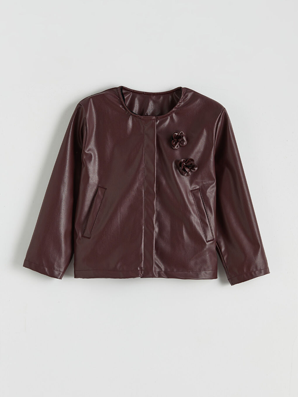 چاکەتی چەرمی ناسروشتی ره‌نگ شه‌رابی کچ