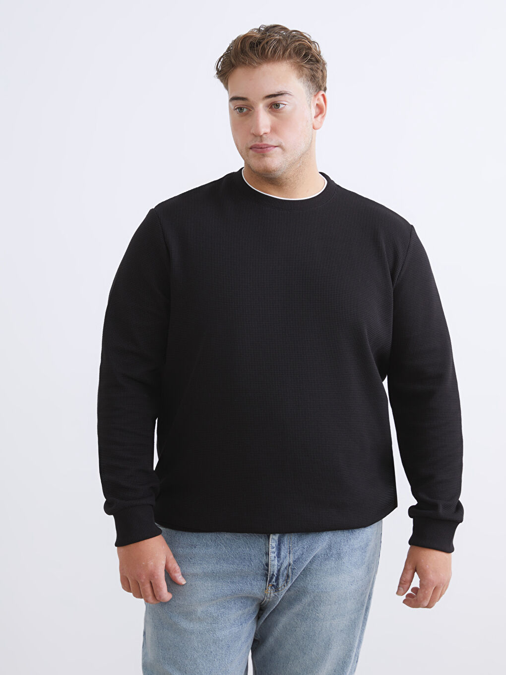 Siyah Büyük Beden Bisiklet Yaka Erkek Sweatshirt