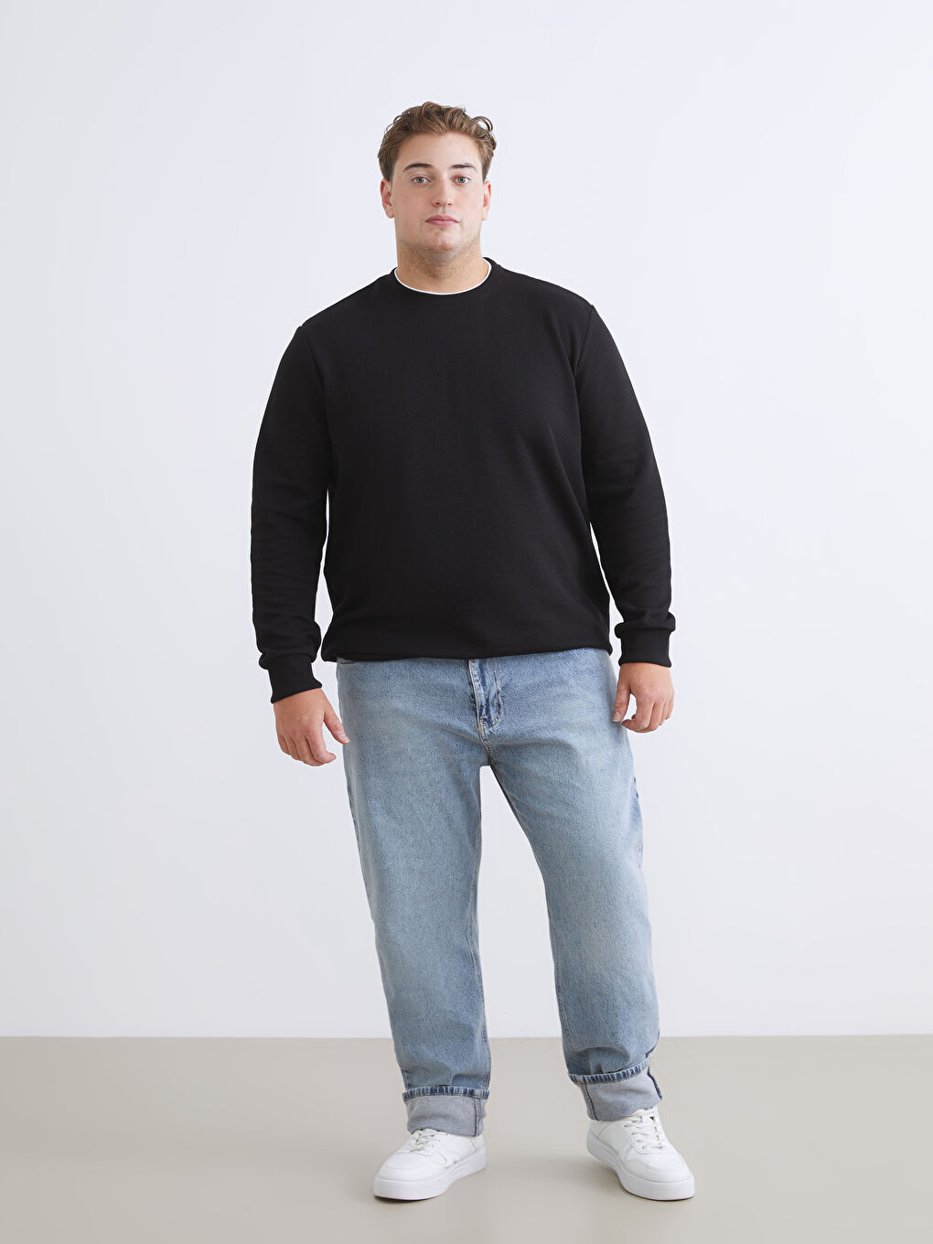 Siyah Büyük Beden Bisiklet Yaka Erkek Sweatshirt-1