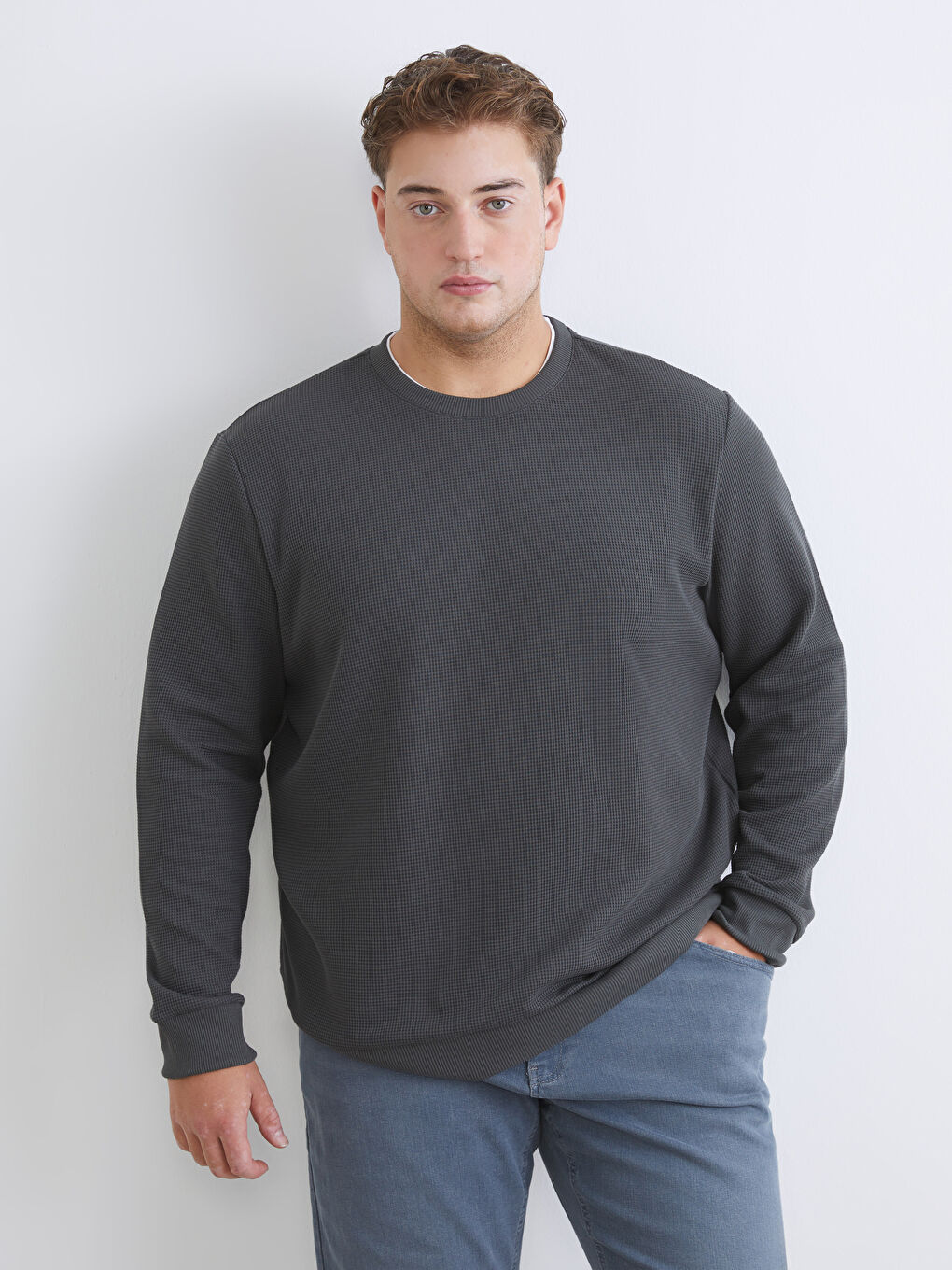 Antrasit Büyük Beden Bisiklet Yaka Erkek Sweatshirt