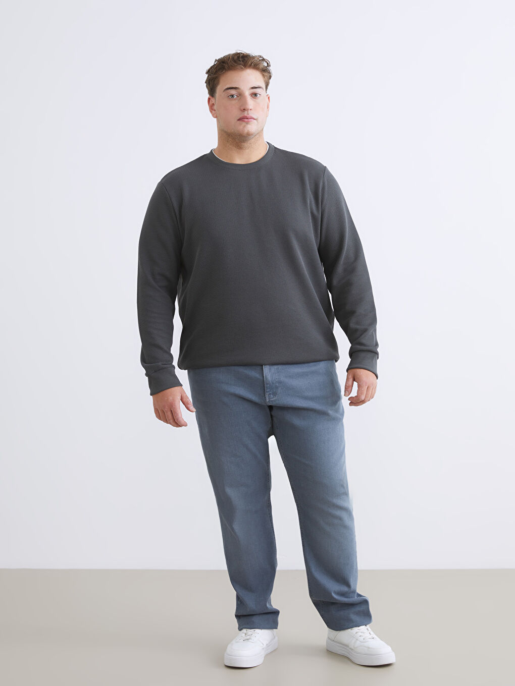 Antrasit Büyük Beden Bisiklet Yaka Erkek Sweatshirt-1