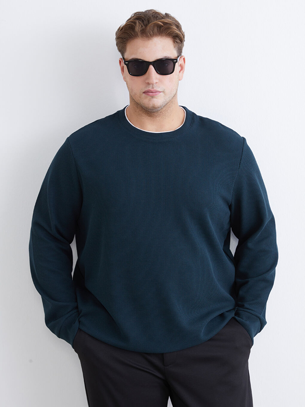 Yeşil Büyük Beden Bisiklet Yaka Erkek Sweatshirt