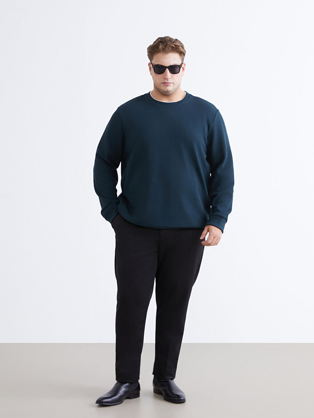 Yeşil Büyük Beden Bisiklet Yaka Erkek Sweatshirt-1