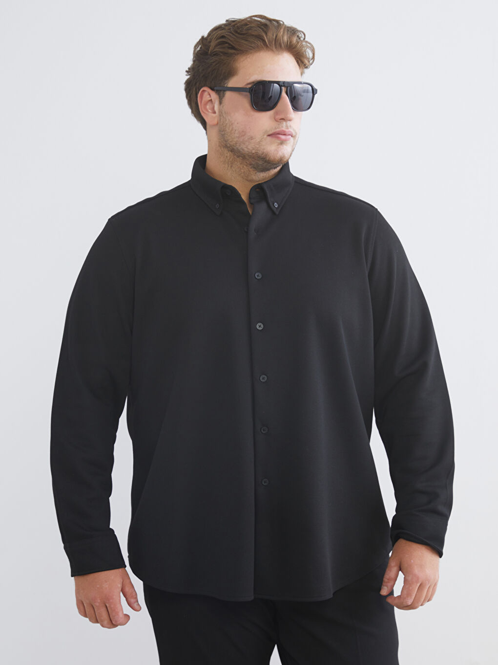 Siyah Büyük Beden Regular Fit Uzun Kollu Erkek Gömlek-3
