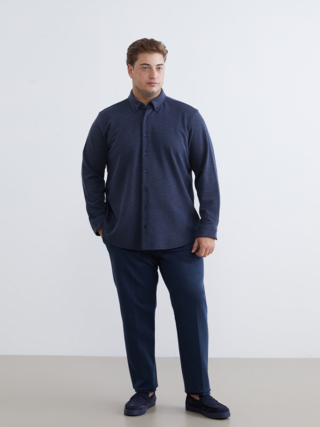 Lacivert Büyük Beden Regular Fit Uzun Kollu Erkek Gömlek-3