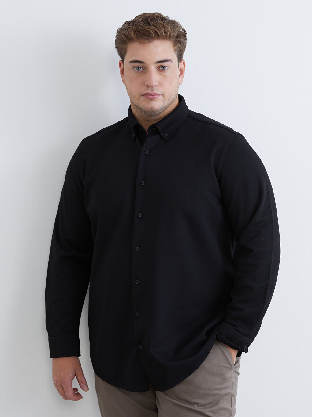 Siyah Büyük Beden Regular Fit Uzun Kollu Erkek Gömlek