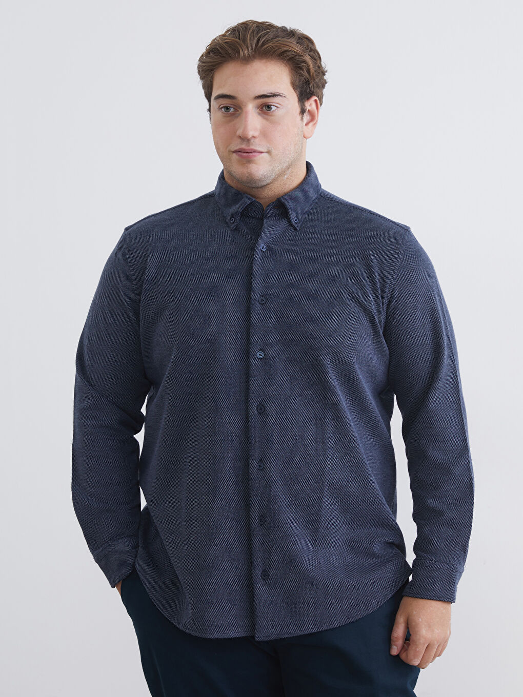 Lacivert Büyük Beden Regular Fit Uzun Kollu Erkek Gömlek-1