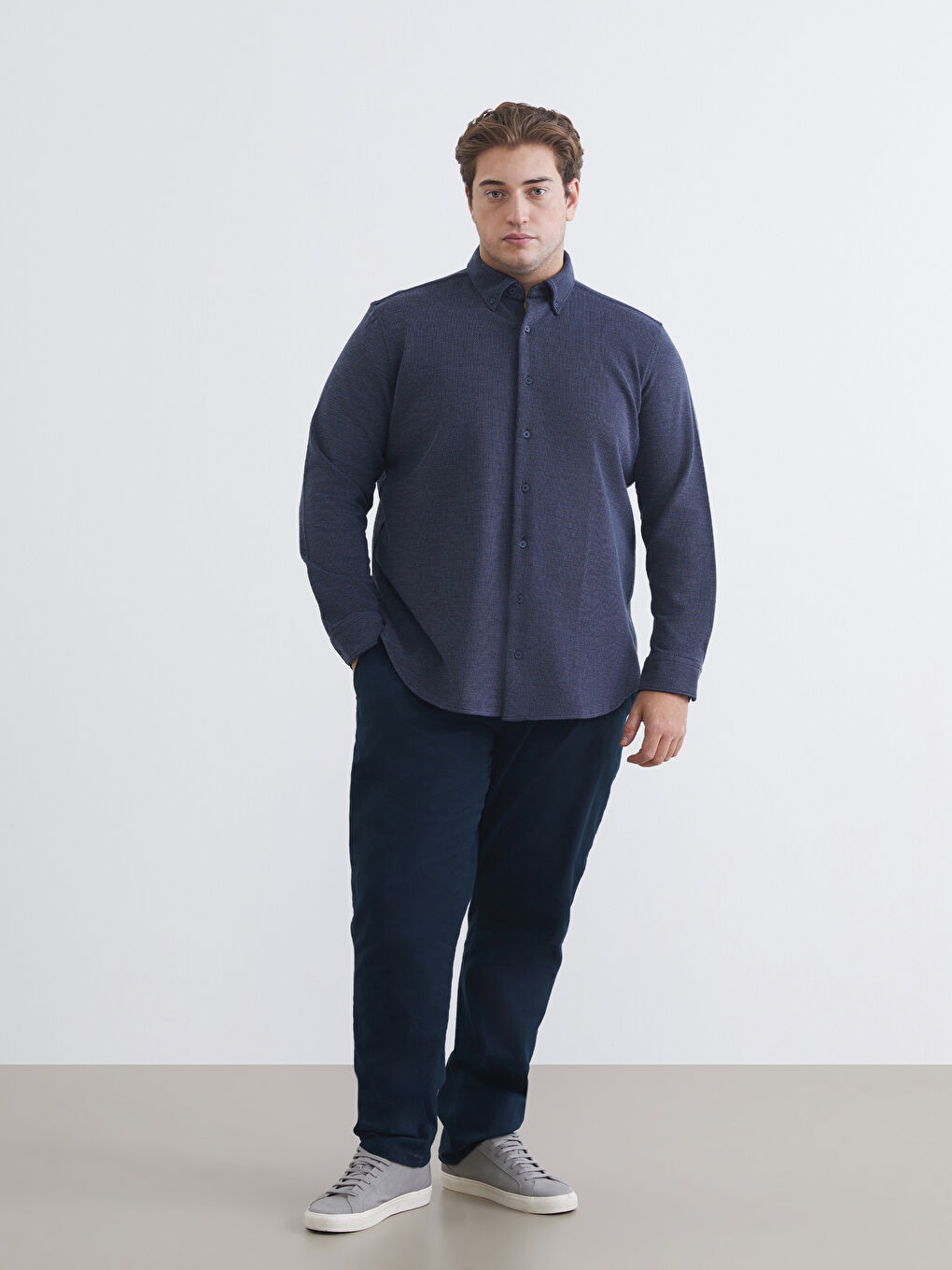 Lacivert Büyük Beden Regular Fit Uzun Kollu Erkek Gömlek-2