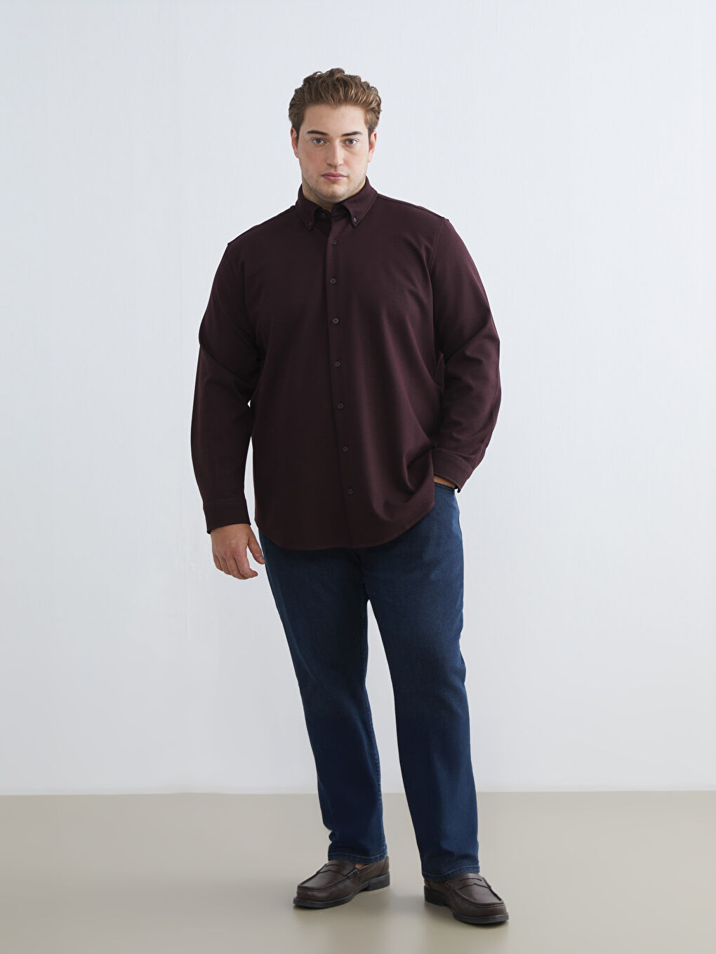 Bordo Büyük Beden Regular Fit Uzun Kollu Erkek Gömlek-1