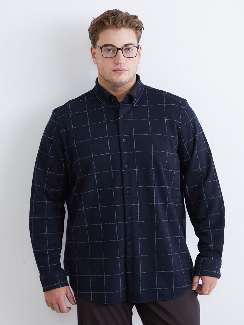 Lacivert Büyük Beden Regular Fit Uzun Kollu Ekose Armürlü Erkek Gömlek