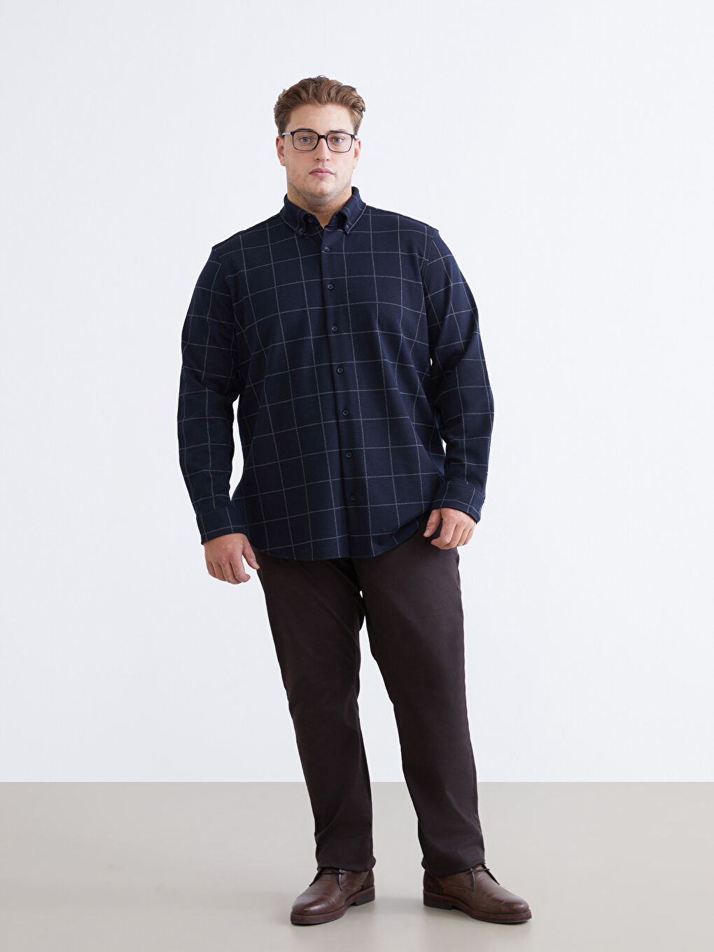 Lacivert Büyük Beden Regular Fit Uzun Kollu Ekose Armürlü Erkek Gömlek-1