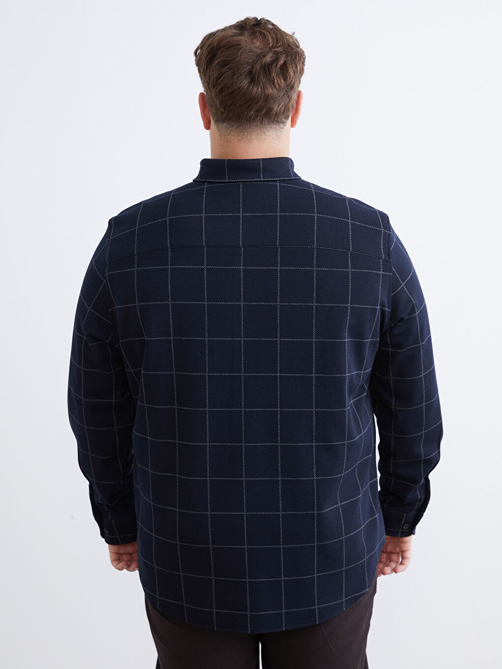 Lacivert Büyük Beden Regular Fit Uzun Kollu Ekose Armürlü Erkek Gömlek-3