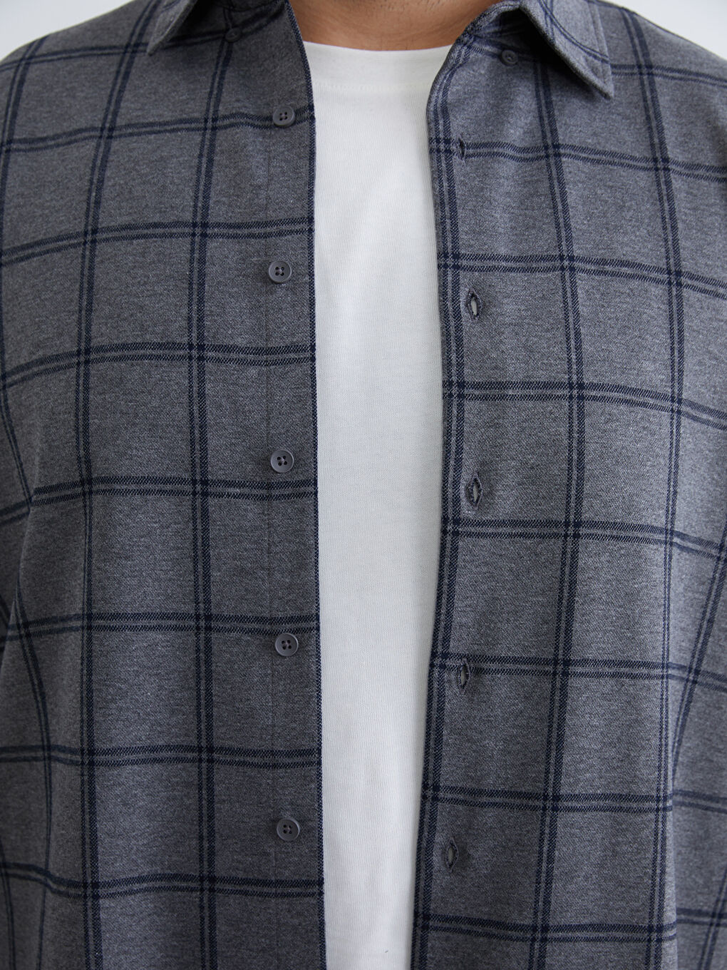 Gri Büyük Beden Regular Fit Uzun Kollu Ekose Armürlü Erkek Gömlek-2