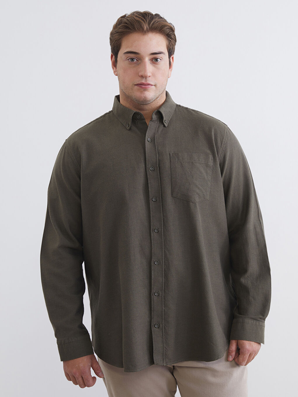 Haki Regular Fit Uzun Kollu Erkek Oduncu Gömlek-1