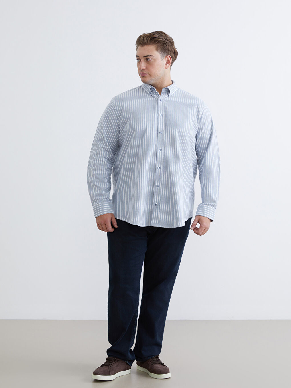 Mavi Büyük Beden Regular Fit Uzun Kollu Çizgili Erkek Gömlek-1