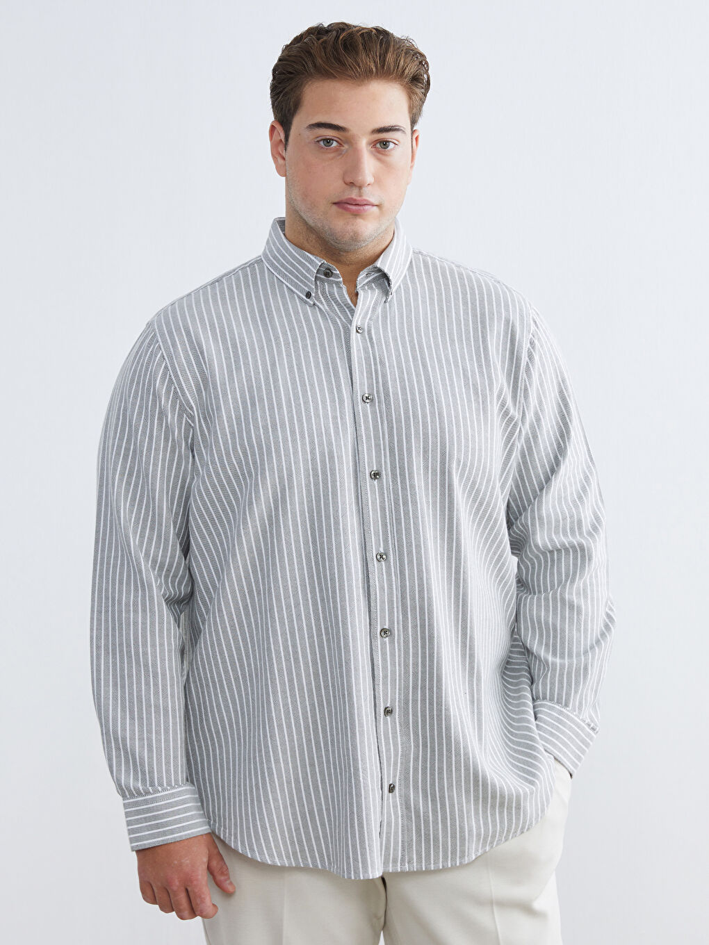 Haki Büyük Beden Regular Fit Uzun Kollu Çizgili Erkek Gömlek