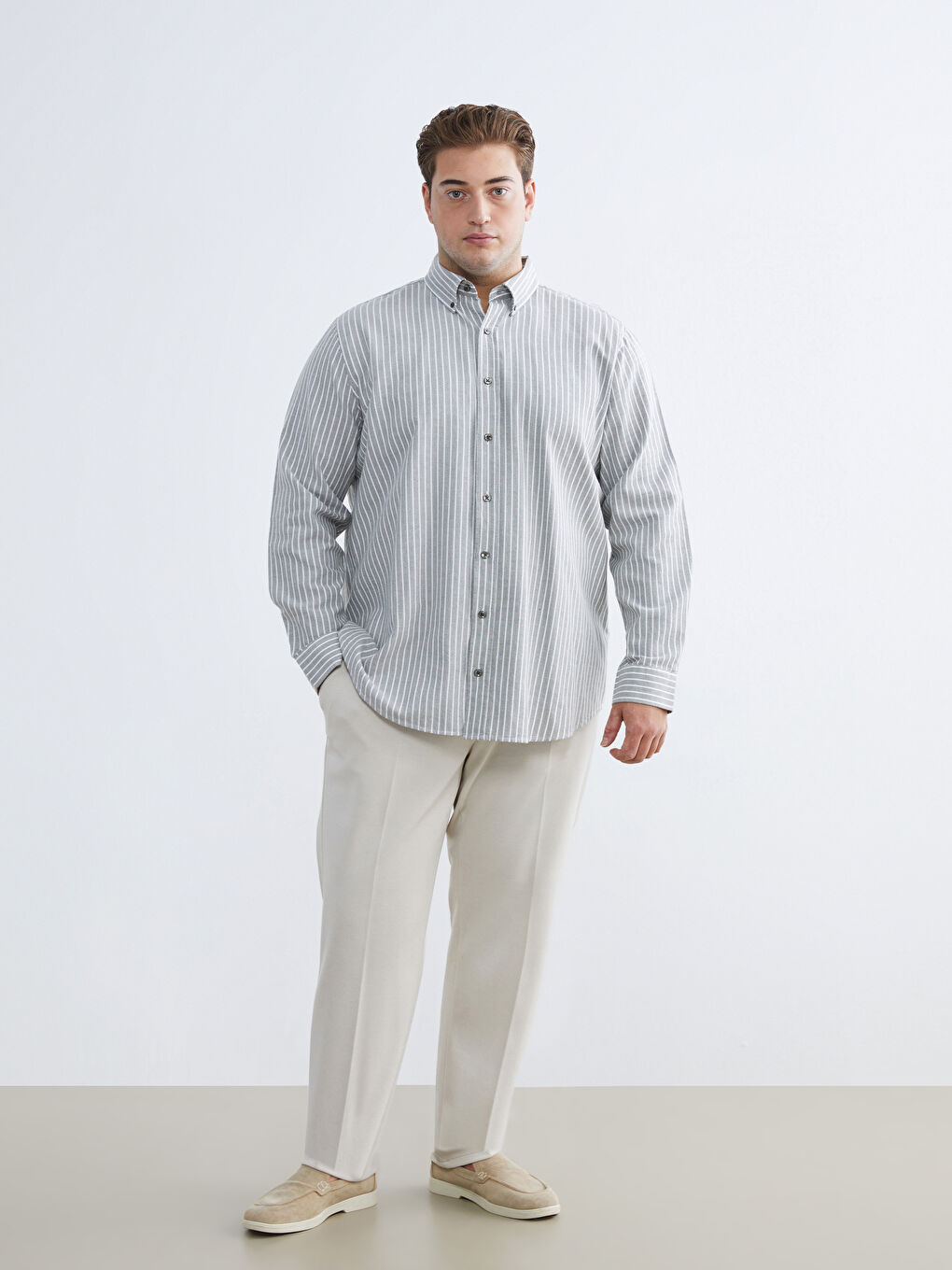 Haki Büyük Beden Regular Fit Uzun Kollu Çizgili Erkek Gömlek-1