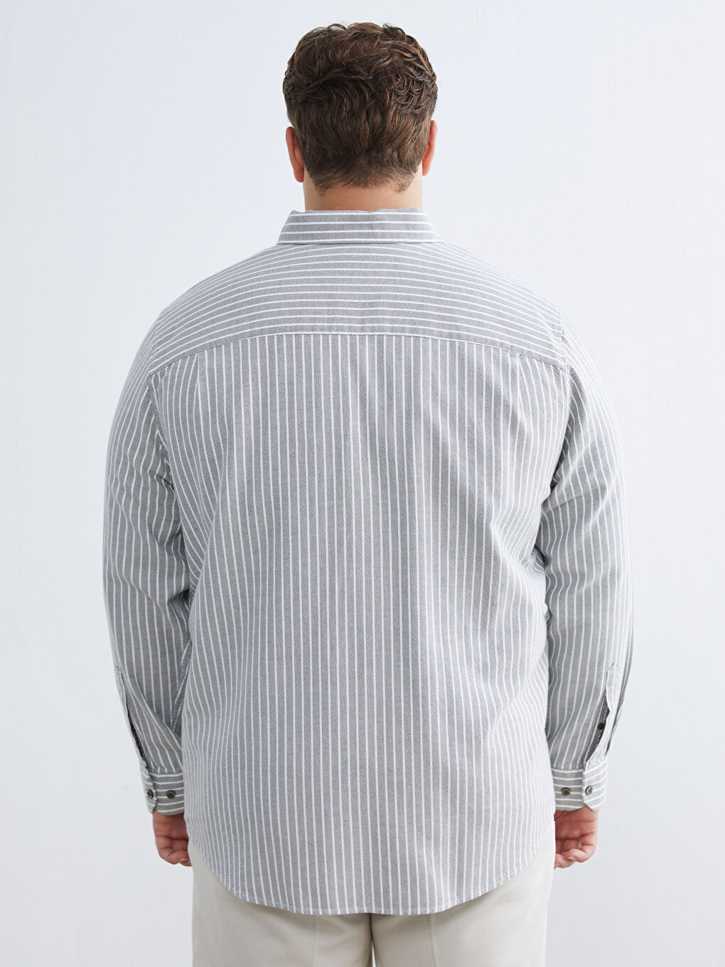 Haki Büyük Beden Regular Fit Uzun Kollu Çizgili Erkek Gömlek-3