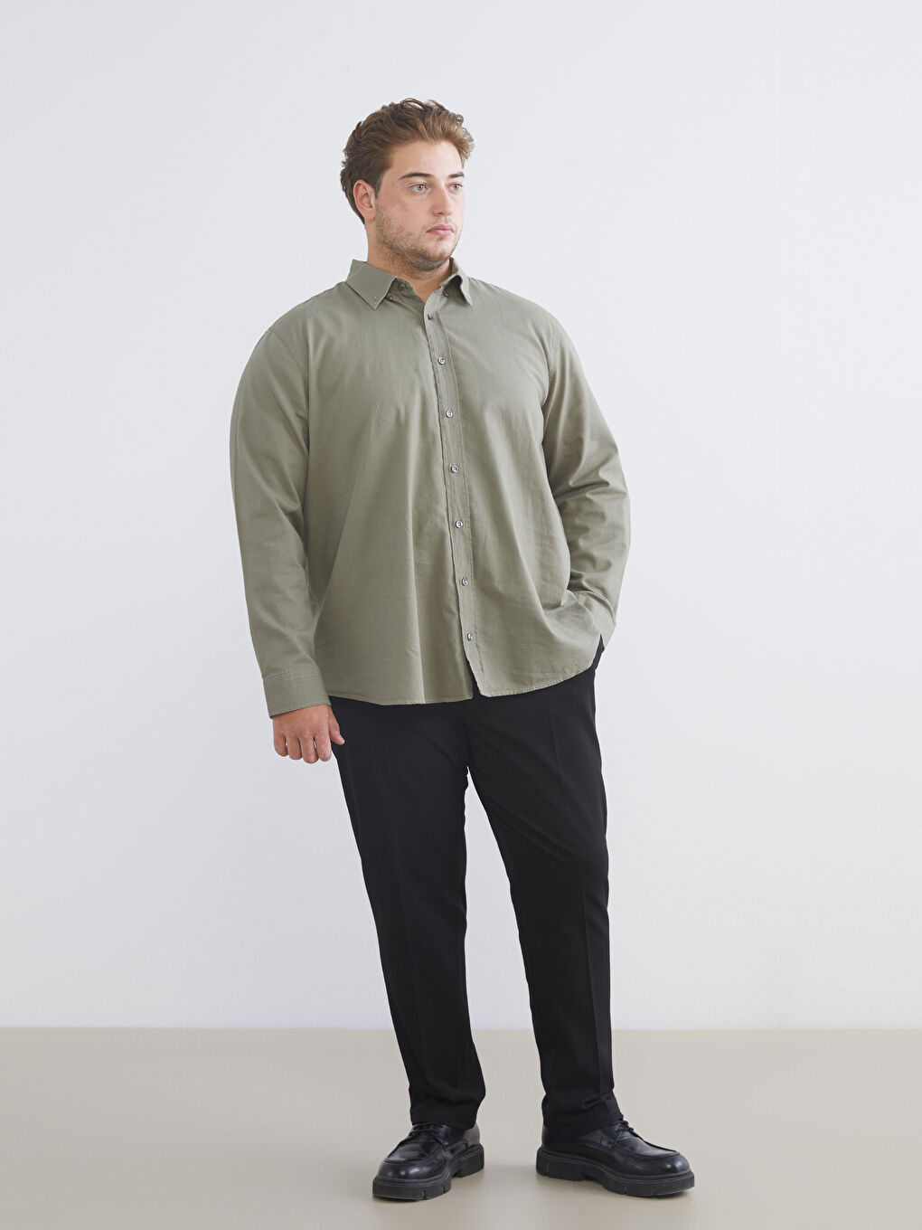 Haki Büyük Beden Regular Fit Uzun Kollu Armürlü Erkek Gömlek-3