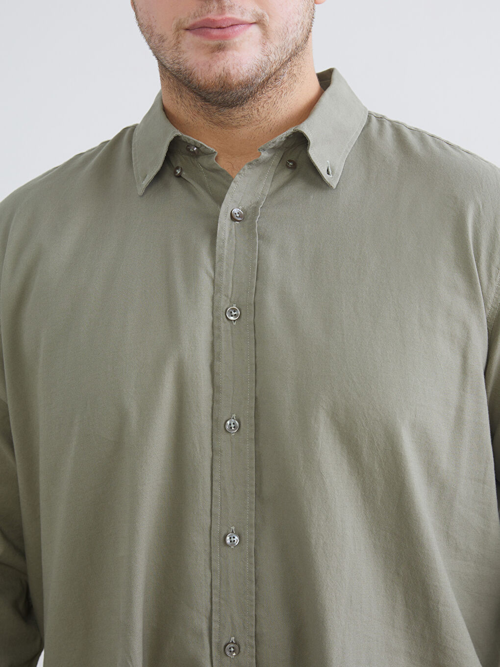 Haki Büyük Beden Regular Fit Uzun Kollu Armürlü Erkek Gömlek-5