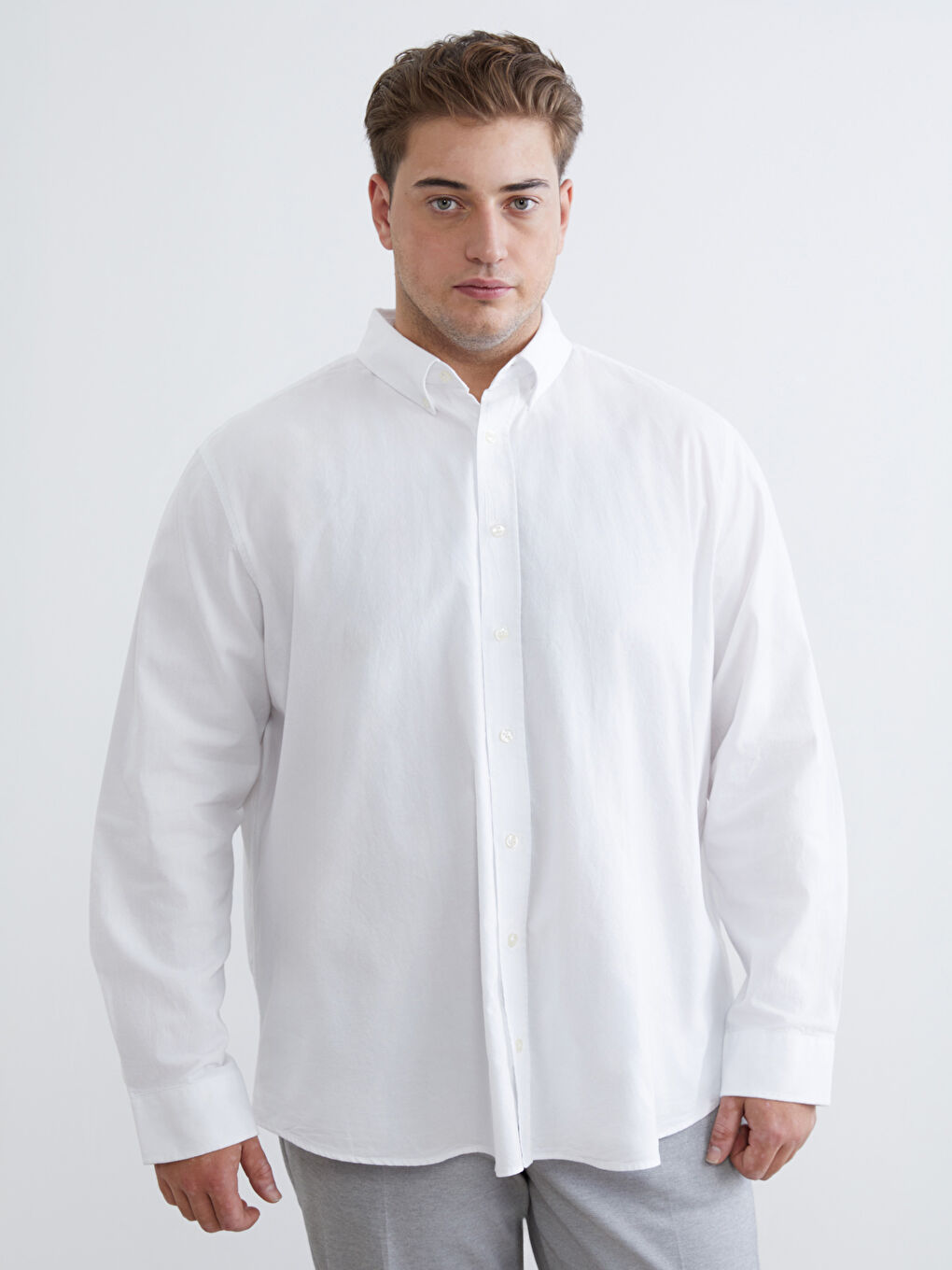 Beyaz Büyük Beden Regular Fit Uzun Kollu Armürlü Erkek Gömlek