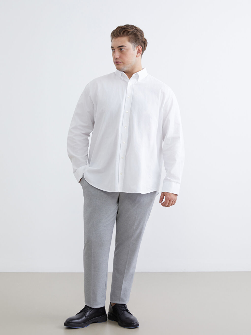 Beyaz Büyük Beden Regular Fit Uzun Kollu Armürlü Erkek Gömlek-1