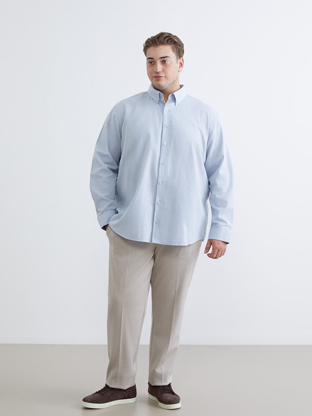 Mavi Büyük Beden Regular Fit Uzun Kollu Armürlü Erkek Gömlek-1