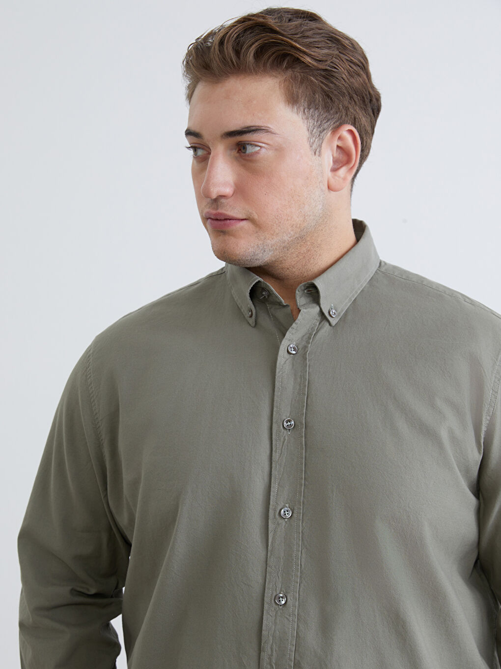 Haki Büyük Beden Regular Fit Uzun Kollu Armürlü Erkek Gömlek-1