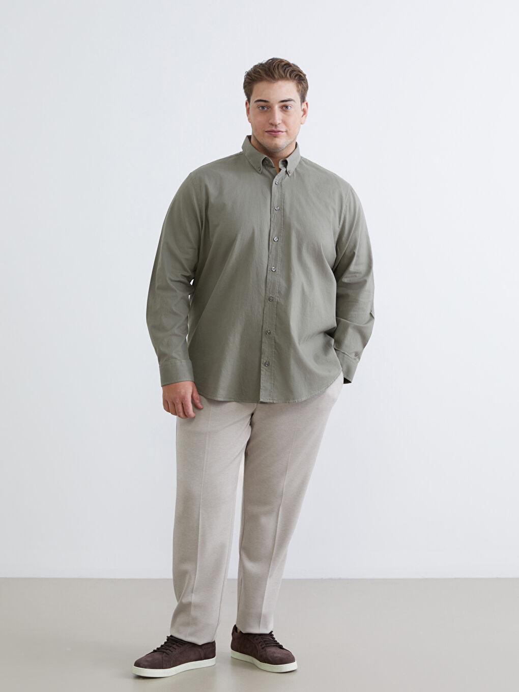 Haki Büyük Beden Regular Fit Uzun Kollu Armürlü Erkek Gömlek-2