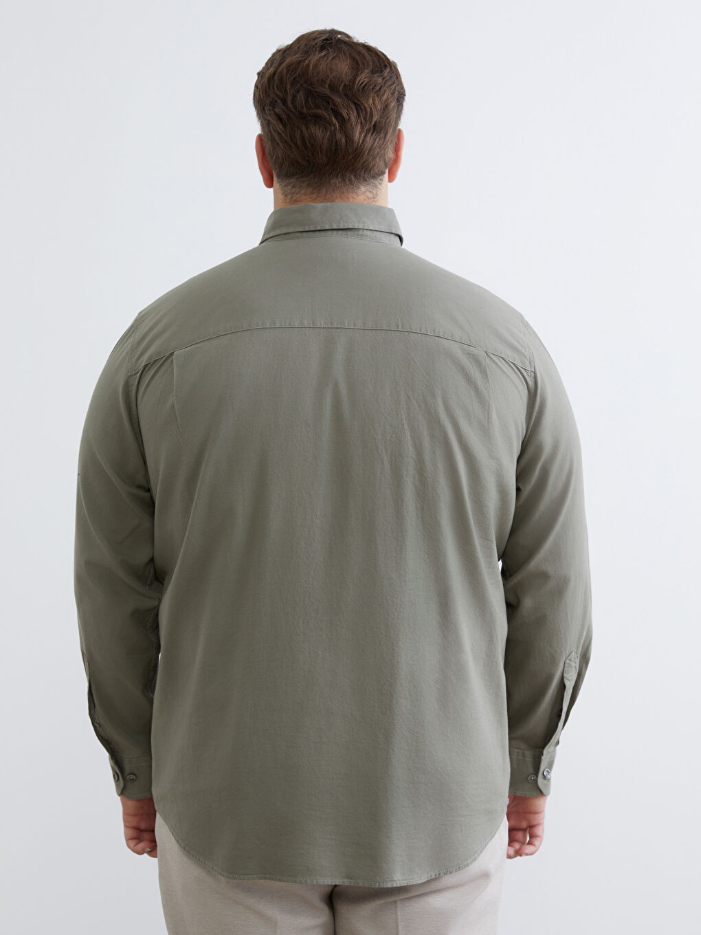 Haki Büyük Beden Regular Fit Uzun Kollu Armürlü Erkek Gömlek-6