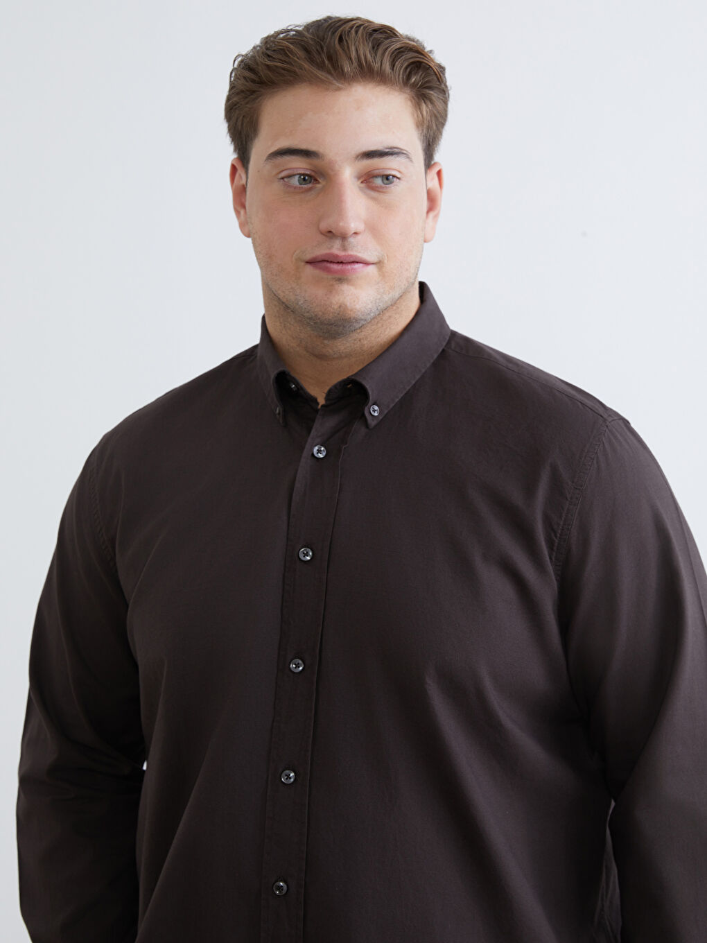 Kahverengi Büyük Beden Regular Fit Uzun Kollu Armürlü Erkek Gömlek