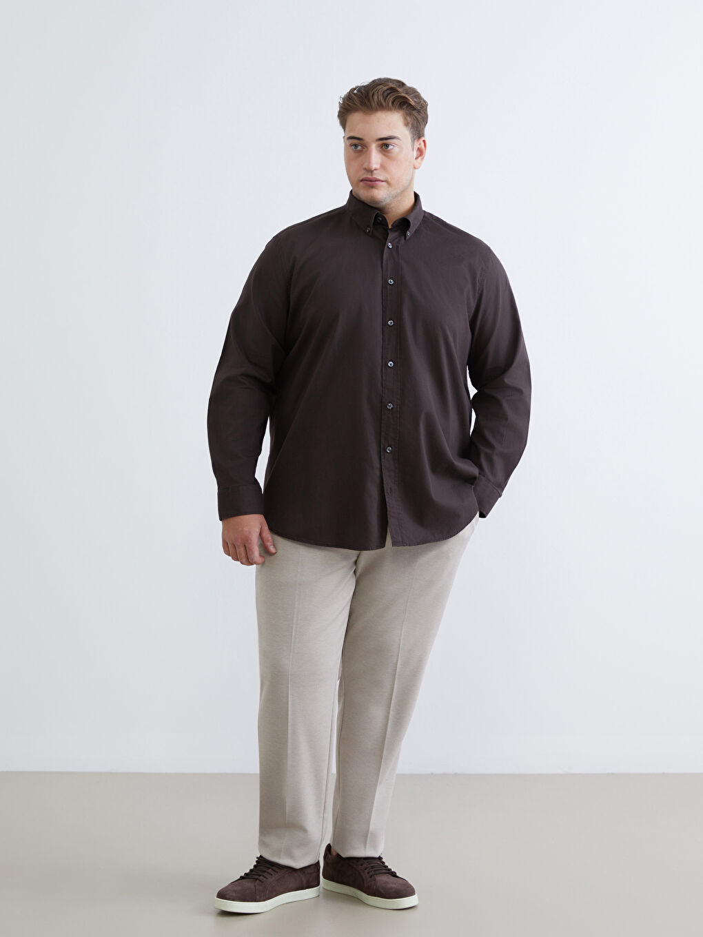 Kahverengi Büyük Beden Regular Fit Uzun Kollu Armürlü Erkek Gömlek-1