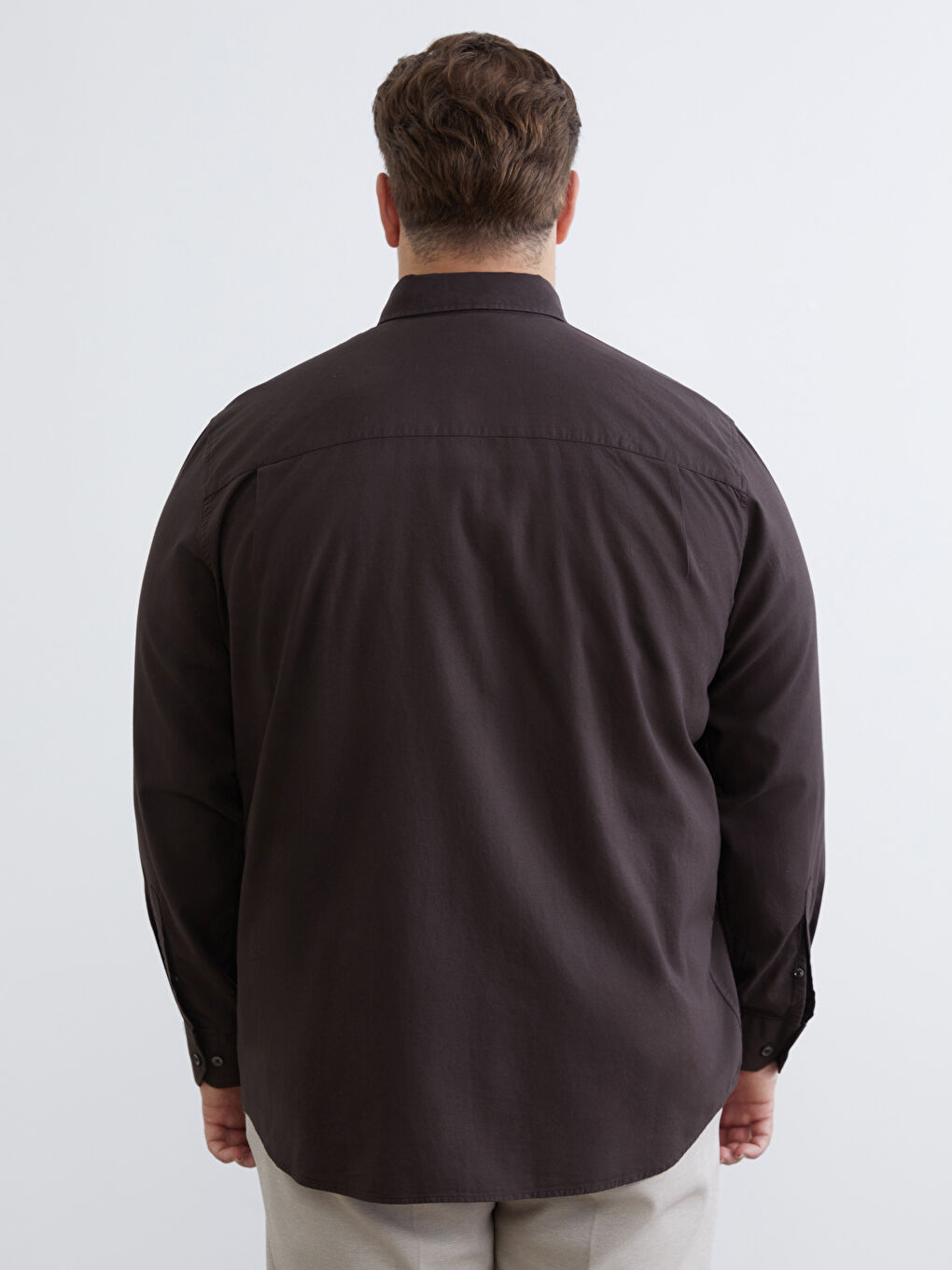 Kahverengi Büyük Beden Regular Fit Uzun Kollu Armürlü Erkek Gömlek-3