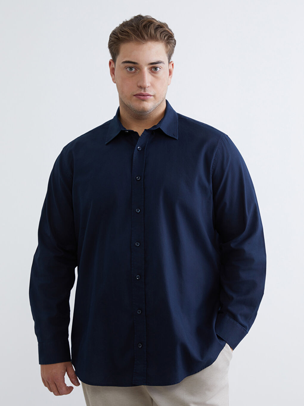 Lacivert Büyük Beden Regular Fit Uzun Kollu Armürlü Erkek Gömlek