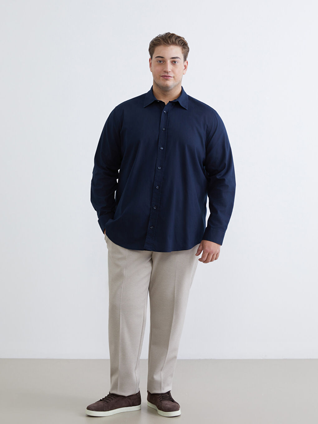 Lacivert Büyük Beden Regular Fit Uzun Kollu Armürlü Erkek Gömlek-1