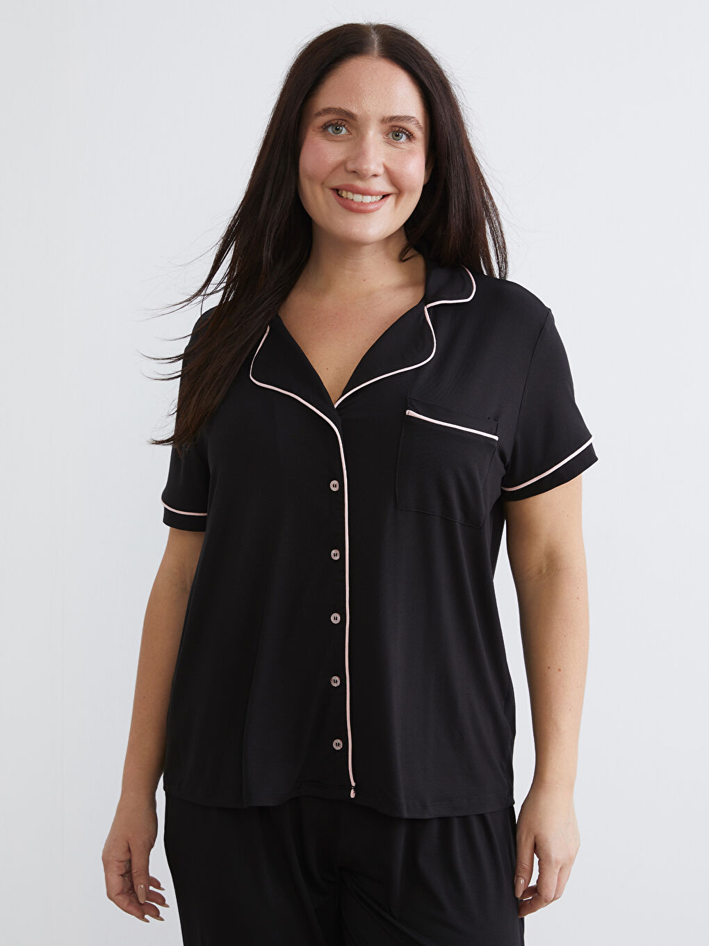 Siyah Gömlek Yaka Kadın Pijama Takımı-1