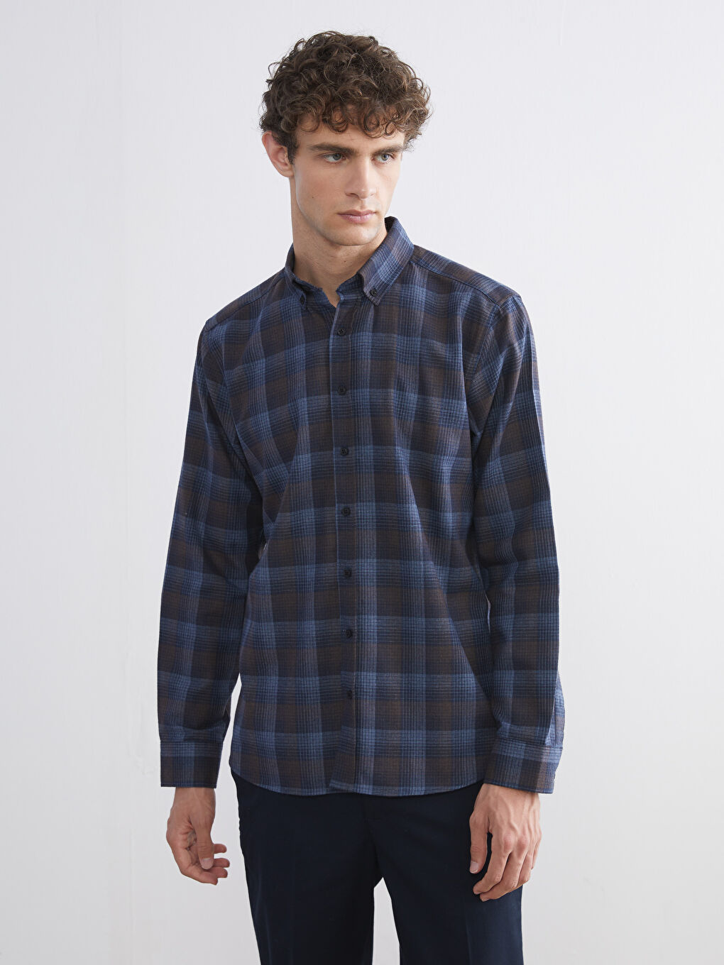 Kahverengi Regular Fit Uzun Kollu Ekose Erkek Gömlek