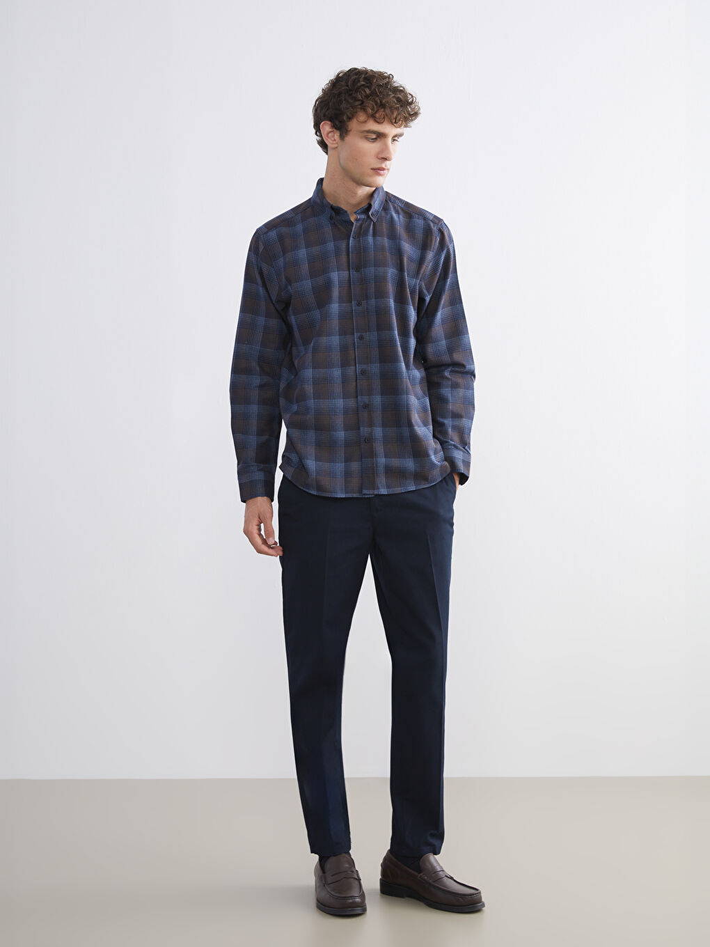 Kahverengi Regular Fit Uzun Kollu Ekose Erkek Gömlek-1