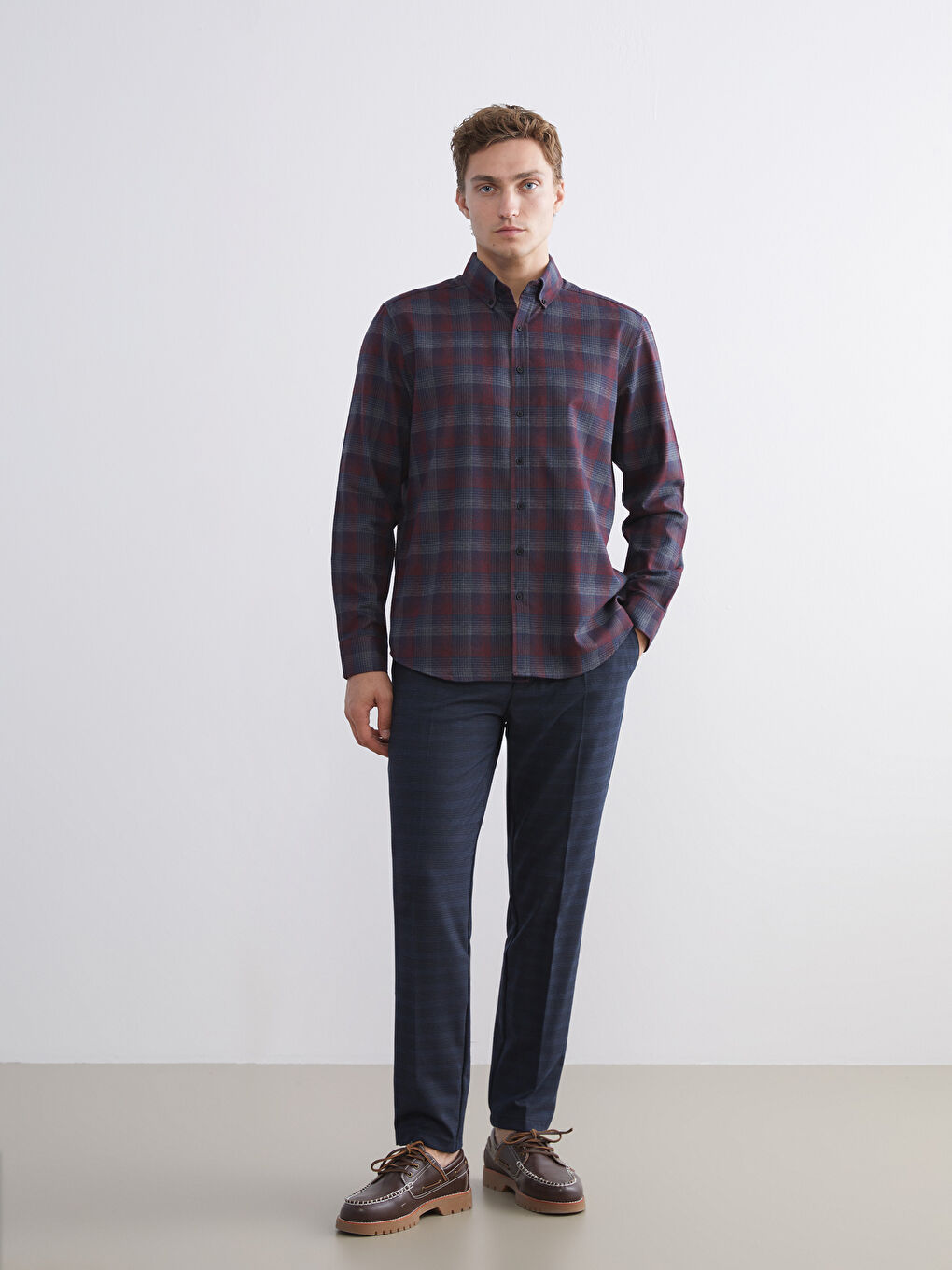 Bordo Regular Fit Uzun Kollu Ekose Erkek Gömlek-1