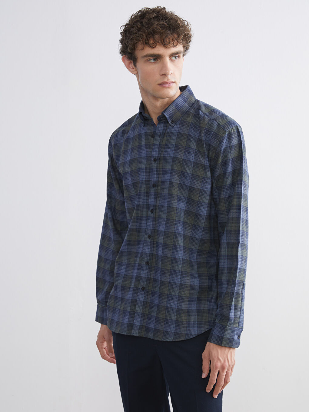 Lacivert Regular Fit Uzun Kollu Ekose Erkek Gömlek