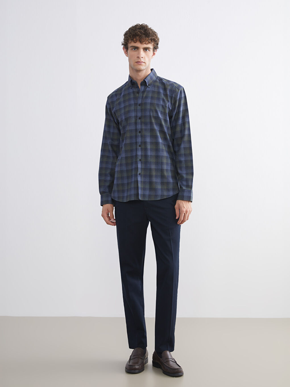 Lacivert Regular Fit Uzun Kollu Ekose Erkek Gömlek-1