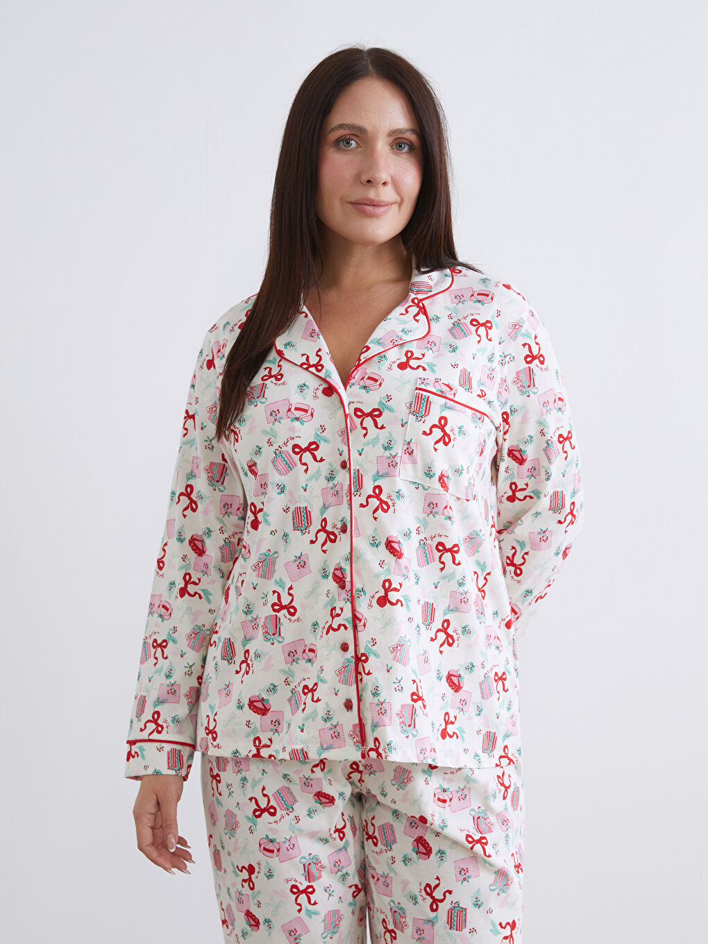 Пижамный комплект с отложным воротником на рождественскую тематику для женщин