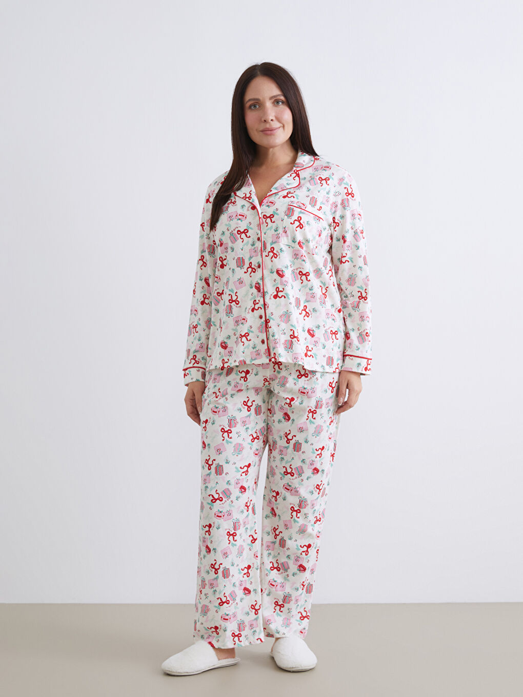 Пижамный комплект с отложным воротником на рождественскую тематику для женщин-1