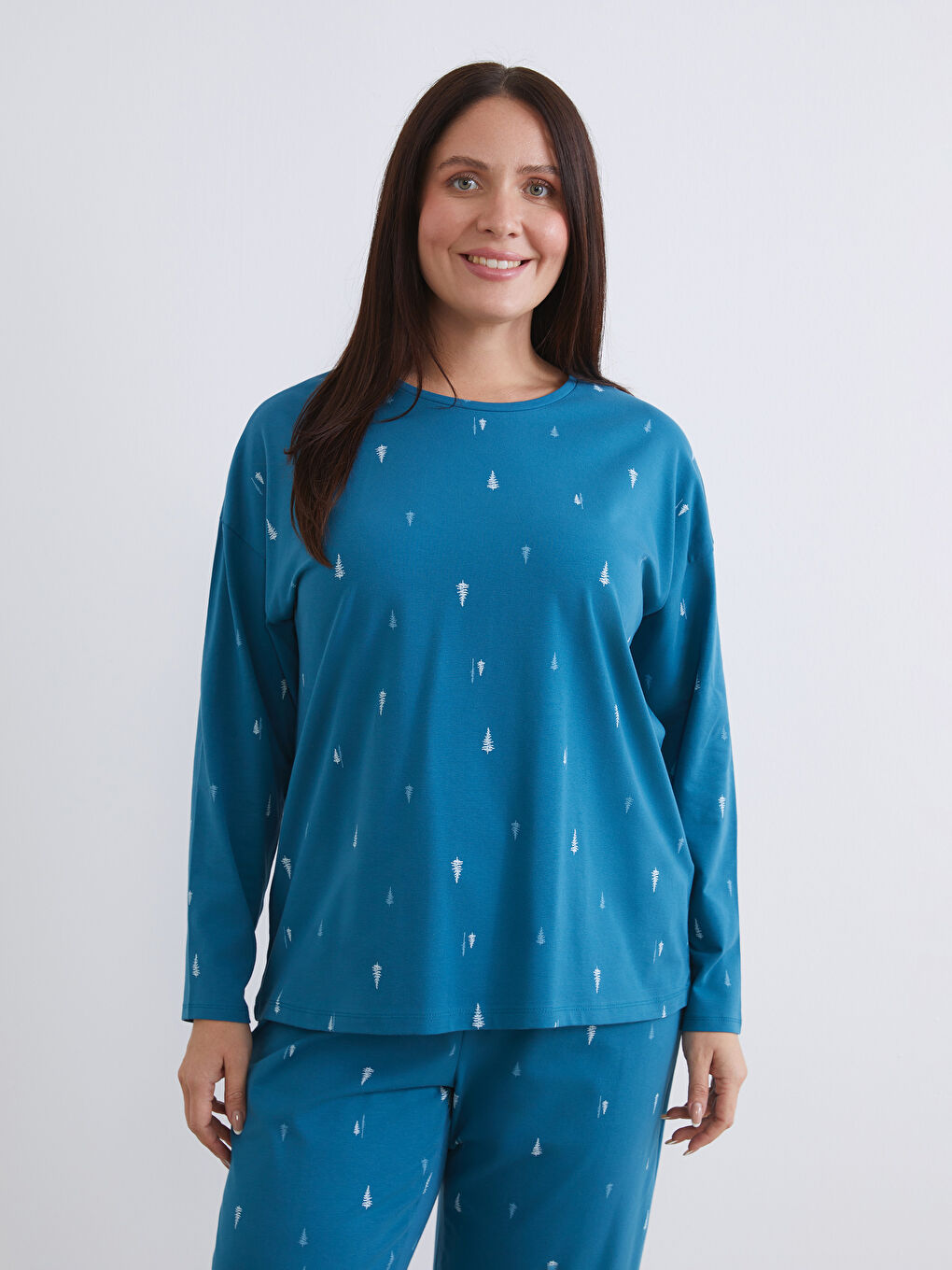 Turkuaz Bisiklet Yaka Yılbaşı Temalı Kadın Pijama Takımı