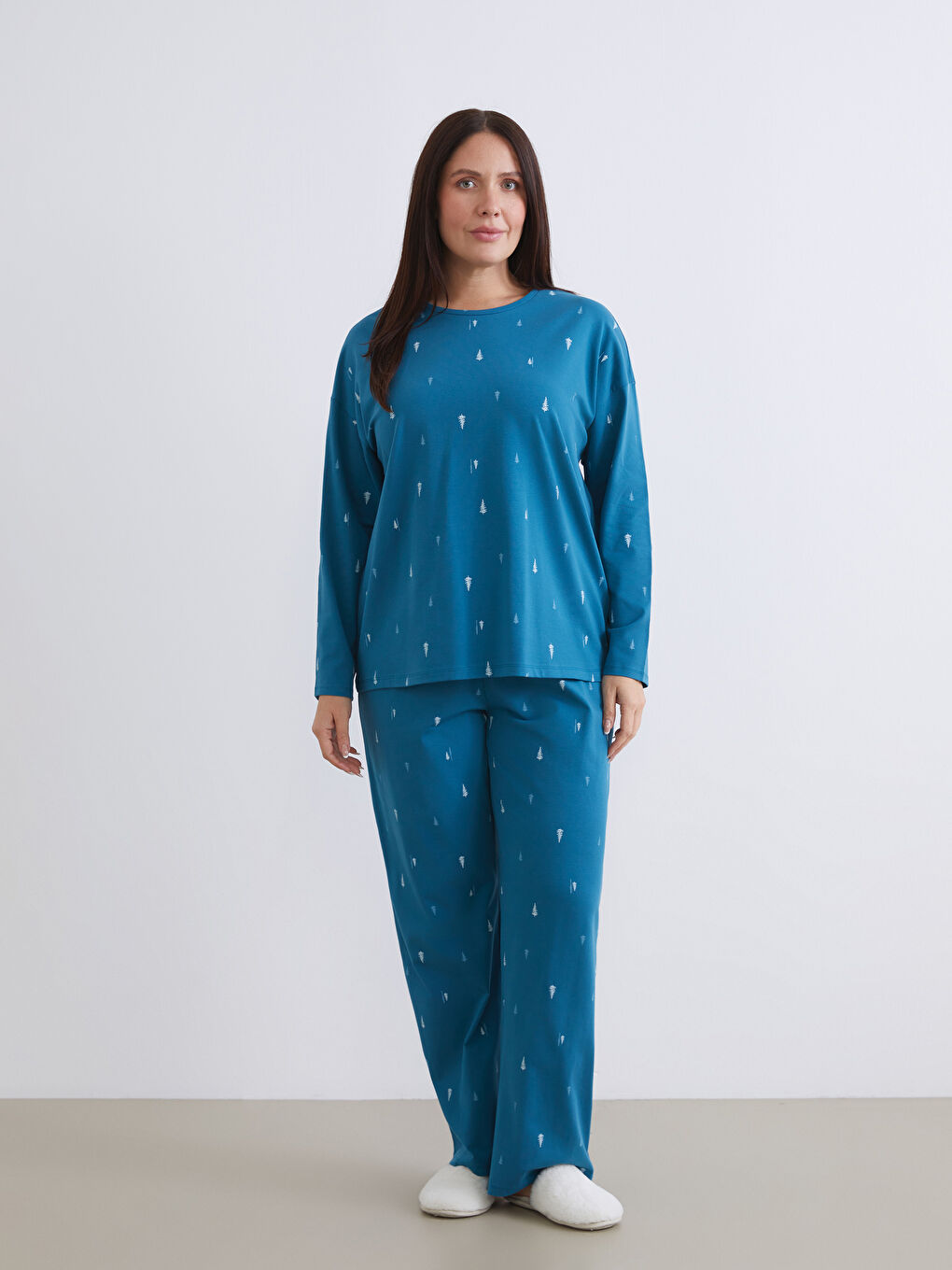 Turkuaz Bisiklet Yaka Yılbaşı Temalı Kadın Pijama Takımı-1